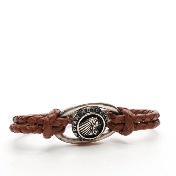 King Baby Double Brown Leather Braid Bracelet With Indian Icon Silver .925